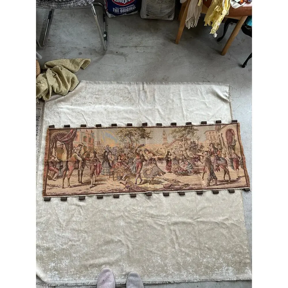 Vintage tapestry Spanish Woven Wall Art Made in Belgium Market Scene 57x20”